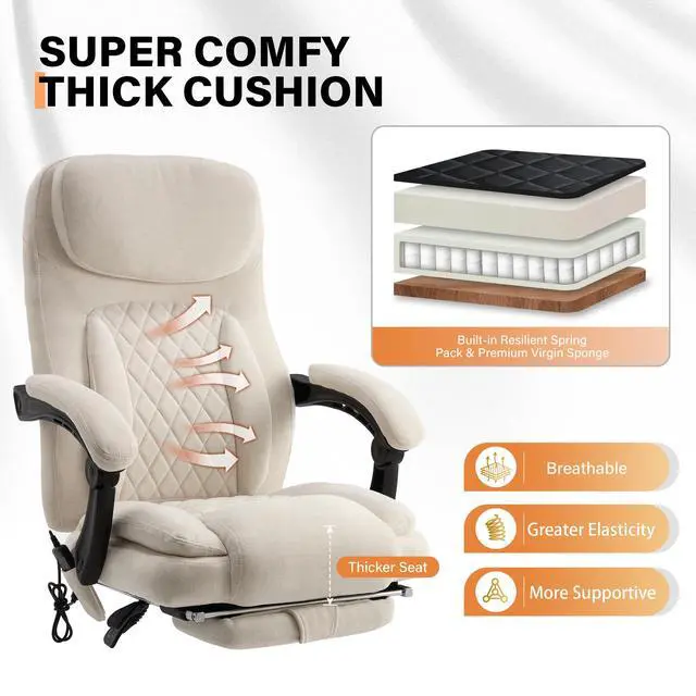 Alt view image 5 of 7 - 500LBS Massage Office Chair, Reclining 6 Points Vibration and Heat Desk Chair with Foot Rest, Ergonomic Executive Office Chairs, Comfy Wider & Thicker Seat, Big and Tall Gaming Chair, Fabric Beige