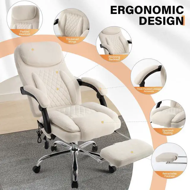 Alt view image 6 of 7 - 500LBS Massage Office Chair, Reclining 6 Points Vibration and Heat Desk Chair with Foot Rest, Ergonomic Executive Office Chairs, Comfy Wider & Thicker Seat, Big and Tall Gaming Chair, Fabric Beige