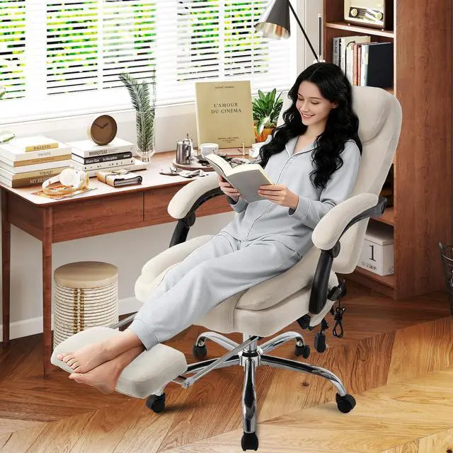 Alt view image 2 of 7 - 500LBS Massage Office Chair, Reclining 6 Points Vibration and Heat Desk Chair with Foot Rest, Ergonomic Executive Office Chairs, Comfy Wider & Thicker Seat, Big and Tall Gaming Chair, Fabric Beige