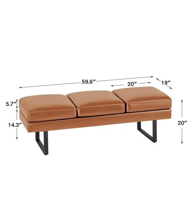 Alt view image 3 of 7 - 59.6 Inches Waiting Room Chairs - 3 Seats Faux Leather Office Guest Chair - Conference Room Upholstered Reception Bench - Lobby Furniture for Salon and Shop, Brown