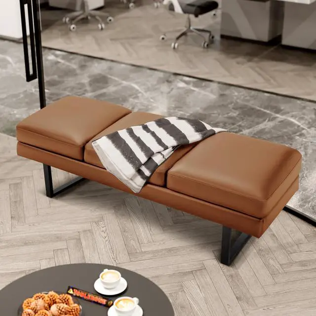Alt view image 6 of 7 - 59.6 Inches Waiting Room Chairs - 3 Seats Faux Leather Office Guest Chair - Conference Room Upholstered Reception Bench - Lobby Furniture for Salon and Shop, Brown