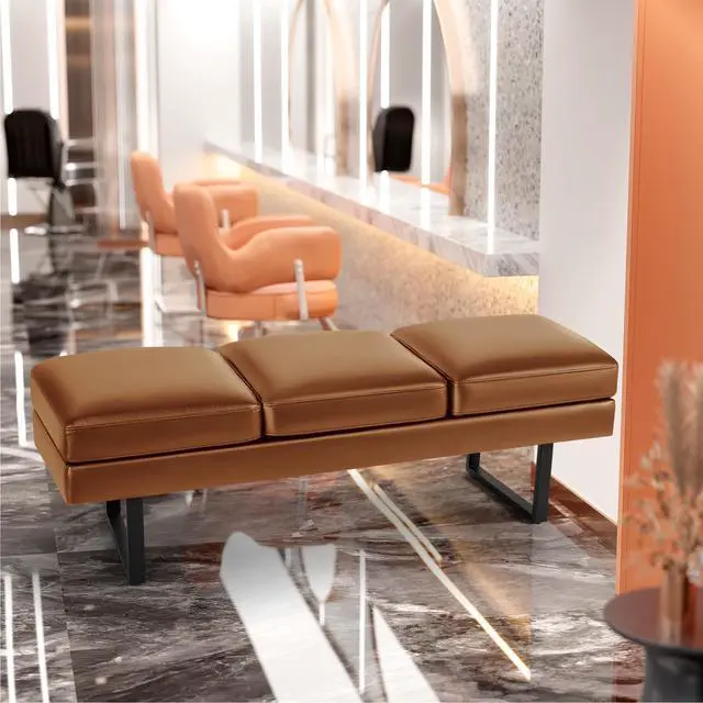 Alt view image 7 of 7 - 59.6 Inches Waiting Room Chairs - 3 Seats Faux Leather Office Guest Chair - Conference Room Upholstered Reception Bench - Lobby Furniture for Salon and Shop, Brown