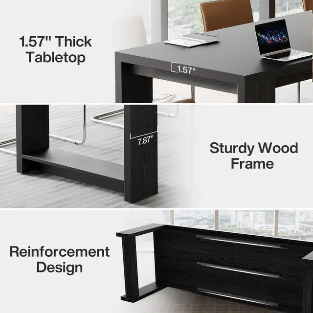 Alt view image 7 of 7 - 7 ft Conference Table for 6 to 8 People, Modern Rectangle Meeting Room Desk for Boardroom, Home Office (Black)