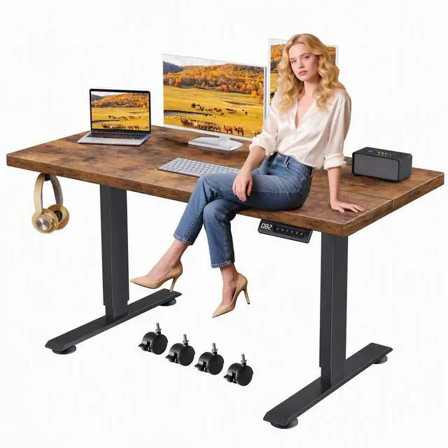 Main image of Hmimi 71'' ×28'' Large Height Adjustable Electric Standing Desk | Lockable Wheels, 4 Memory Presets, 2 Cable Holes, 2 Hooks, Free 40''×18'' Mouse Pad, Anti-Collision System, Brown