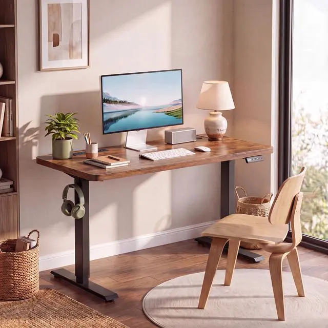 Alt view image 2 of 7 - Hmimi 55'' ×24'' Height Adjustable Electric Standing Desk | Lockable Wheels, 4 Memory Presets, 2 Cable Holes, 2 Hooks, Free 40''×18'' Mouse Pad, Anti-Collision System, Brown
