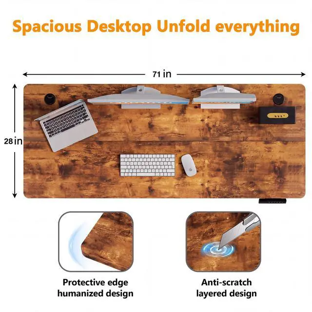 Alt view image 3 of 7 - Hmimi 71'' ×28'' Large Height Adjustable Electric Standing Desk | Lockable Wheels, 4 Memory Presets, 2 Cable Holes, 2 Hooks, Free 40''×18'' Mouse Pad, Anti-Collision System, Brown
