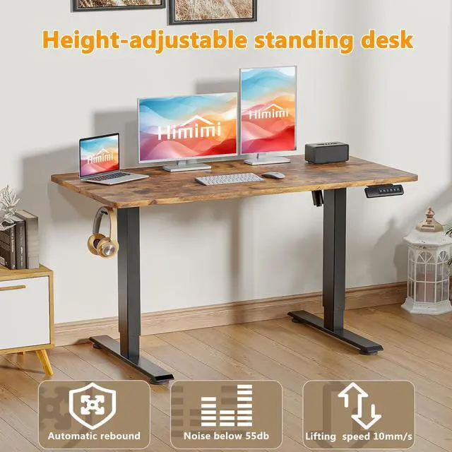 Alt view image 5 of 7 - Hmimi 48'' ×24'' Height Adjustable Electric Standing Desk | Lockable Wheels, 4 Memory Presets, 2 Cable Holes, 2 Hooks, Anti-Collision System, Alloy Steel Frame, Brown
