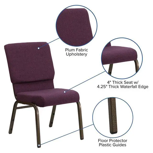 Alt view image 4 of 7 - Plum 18.5" W Stacking Church Chair, 4-Pack | Gold Vein Frame, Fabric Upholstery