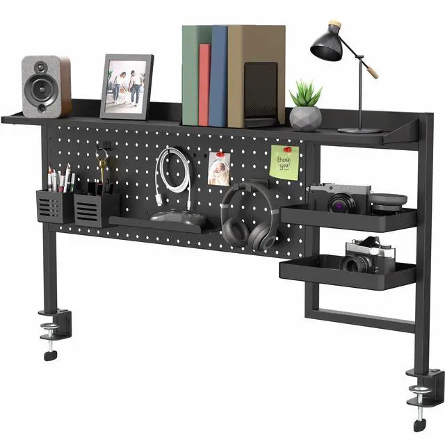 Main image of Steel Clamp-on 46 x 25 inch Desk Pegboard System with Storage Shelf and Accessory Trays, Multi-Purpose Office Organizer, Black, PP-PBSF46