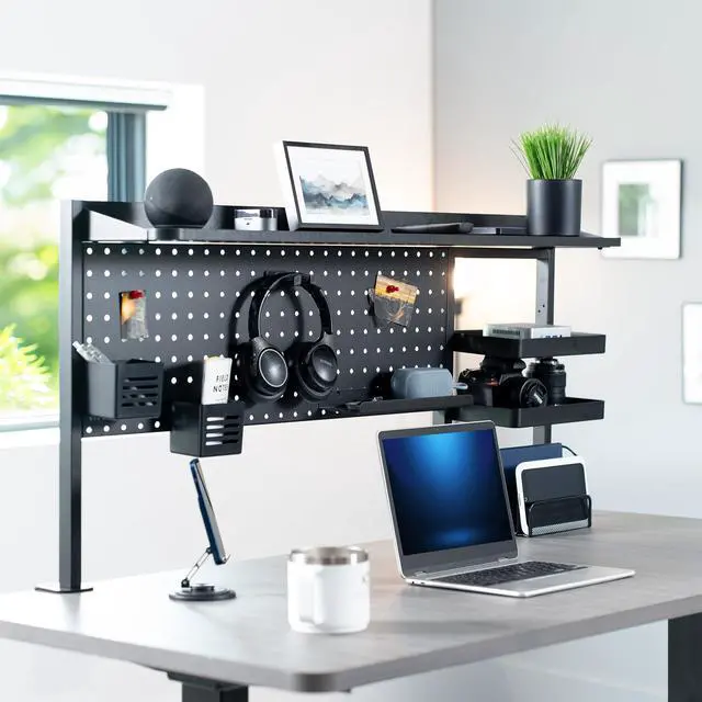 Alt view image 2 of 7 - Steel Clamp-on 46 x 25 inch Desk Pegboard System with Storage Shelf and Accessory Trays, Multi-Purpose Office Organizer, Black, PP-PBSF46