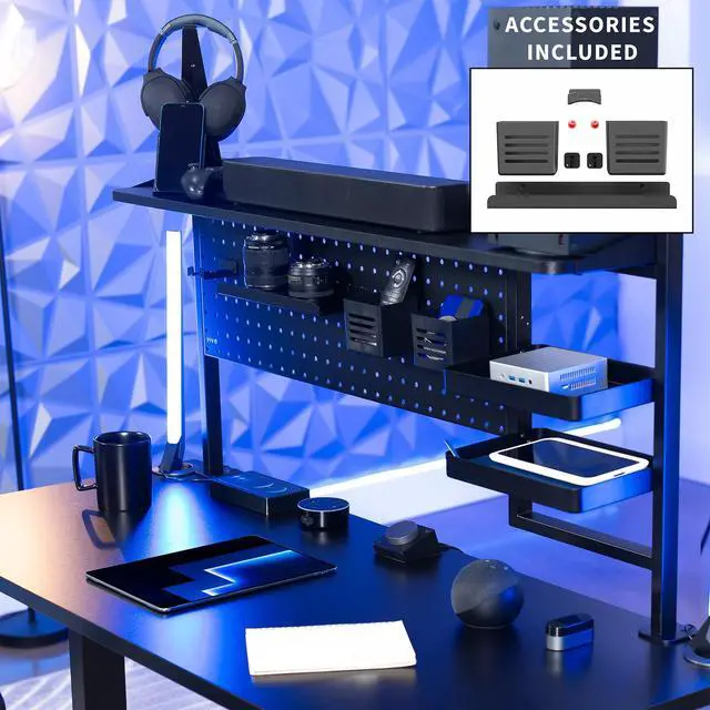 Alt view image 4 of 7 - Steel Clamp-on 46 x 25 inch Desk Pegboard System with Storage Shelf and Accessory Trays, Multi-Purpose Office Organizer, Black, PP-PBSF46
