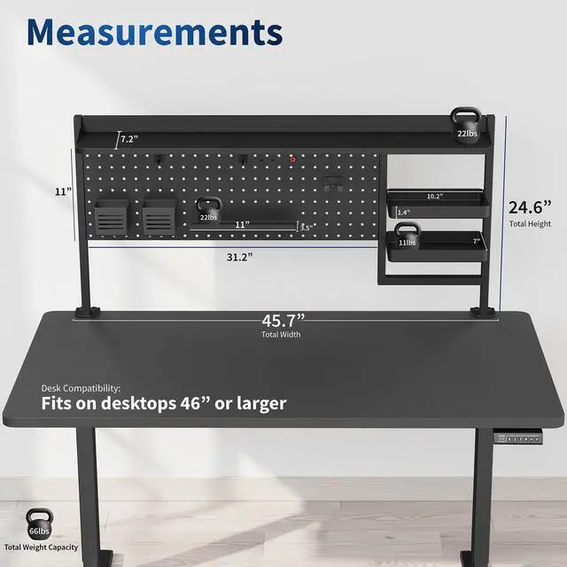 Alt view image 3 of 7 - Steel Clamp-on 46 x 25 inch Desk Pegboard System with Storage Shelf and Accessory Trays, Multi-Purpose Office Organizer, Black, PP-PBSF46
