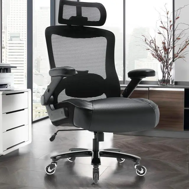 Alt view image 2 of 7 - 600lbs Big and Tall Office Chair, Heavy Duty Executive Computer Desk Chair | 3D Flip Arms, Large Wheels, Ergonomic Design, Extra Wide Seat, Adjustable Lumbar Support&Headrest, Mesh High Back Chair