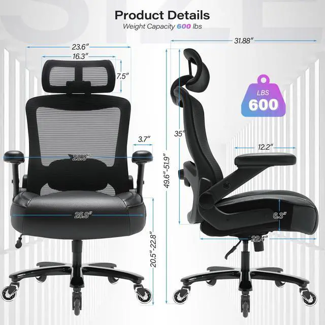 Alt view image 3 of 7 - 600lbs Big and Tall Office Chair, Heavy Duty Executive Computer Desk Chair | 3D Flip Arms, Large Wheels, Ergonomic Design, Extra Wide Seat, Adjustable Lumbar Support&Headrest, Mesh High Back Chair