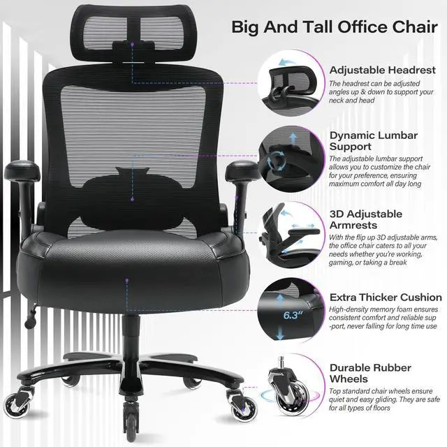 Alt view image 4 of 7 - 600lbs Big and Tall Office Chair, Heavy Duty Executive Computer Desk Chair | 3D Flip Arms, Large Wheels, Ergonomic Design, Extra Wide Seat, Adjustable Lumbar Support&Headrest, Mesh High Back Chair