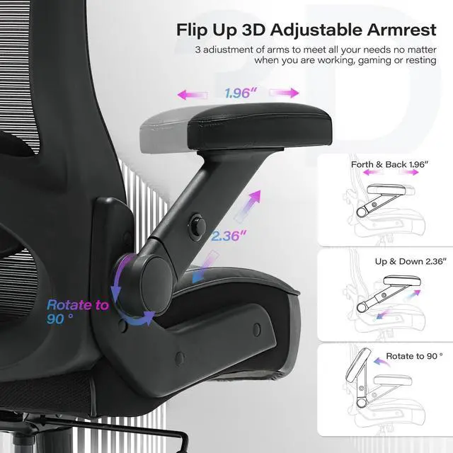 Alt view image 5 of 7 - 600lbs Big and Tall Office Chair, Heavy Duty Executive Computer Desk Chair | 3D Flip Arms, Large Wheels, Ergonomic Design, Extra Wide Seat, Adjustable Lumbar Support&Headrest, Mesh High Back Chair