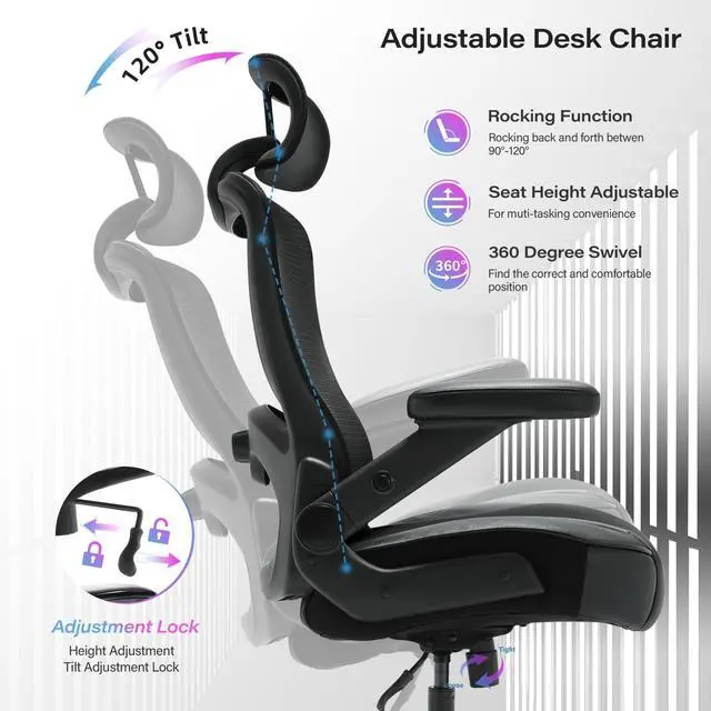 Alt view image 7 of 7 - 600lbs Big and Tall Office Chair, Heavy Duty Executive Computer Desk Chair | 3D Flip Arms, Large Wheels, Ergonomic Design, Extra Wide Seat, Adjustable Lumbar Support&Headrest, Mesh High Back Chair