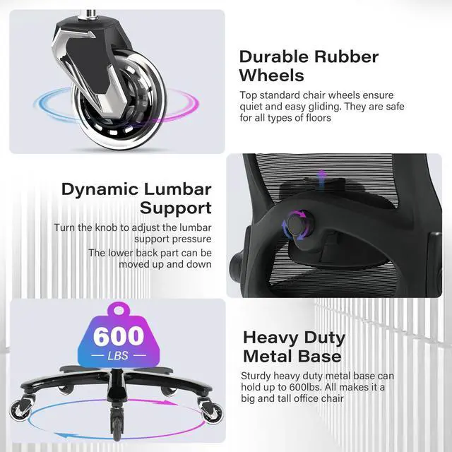 Alt view image 6 of 7 - 600lbs Big and Tall Office Chair, Heavy Duty Executive Computer Desk Chair | 3D Flip Arms, Large Wheels, Ergonomic Design, Extra Wide Seat, Adjustable Lumbar Support&Headrest, Mesh High Back Chair