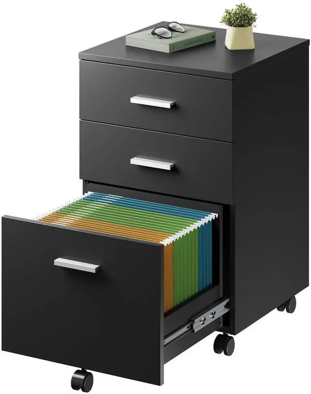 Main image of 3 Drawer Wood File Cabinet, Under Desk Filing Cabinet, Black | Small Mobile Printer Stand, Fits Letter/A4 Size, Under Desk Storage Cabinet, Home Office