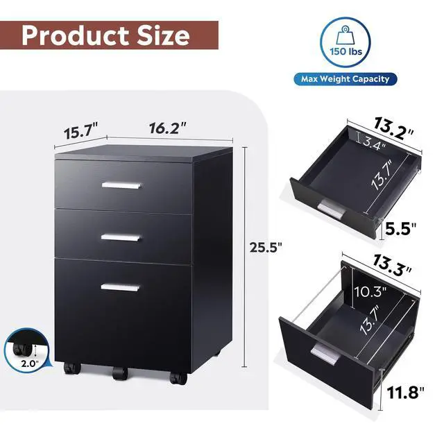 Alt view image 3 of 7 - 3 Drawer Wood File Cabinet, Under Desk Filing Cabinet, Black | Small Mobile Printer Stand, Fits Letter/A4 Size, Under Desk Storage Cabinet, Home Office