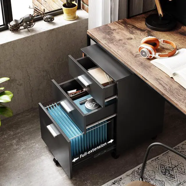 Alt view image 4 of 7 - 3 Drawer Wood File Cabinet, Under Desk Filing Cabinet, Black | Small Mobile Printer Stand, Fits Letter/A4 Size, Under Desk Storage Cabinet, Home Office