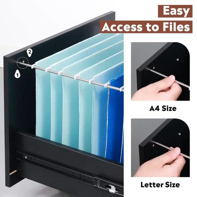Alt view image 5 of 7 - 3 Drawer Wood File Cabinet, Under Desk Filing Cabinet, Black | Small Mobile Printer Stand, Fits Letter/A4 Size, Under Desk Storage Cabinet, Home Office