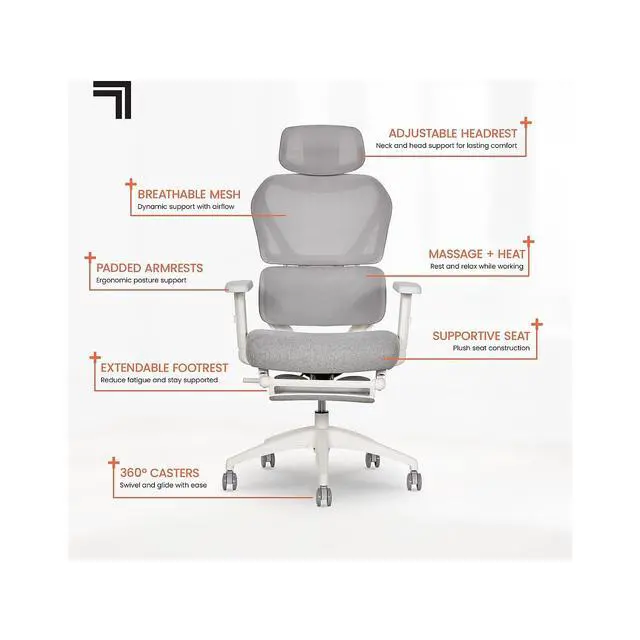 Alt view image 4 of 7 - Sharper Image S-850 Heated Ergonomic Mesh Swivel Executive Massage Chair, Light Gray/White