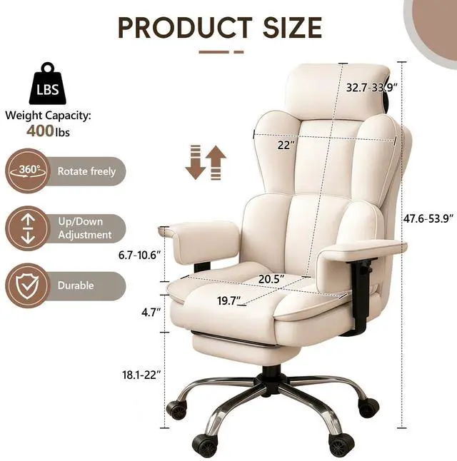 Alt view image 2 of 7 - Big and Tall Office Chair, Heavy Duty Executive Office Desk Chair with Adjustable Armrests and Foot Rest, Leather Computer Gaming Chair for Home Office