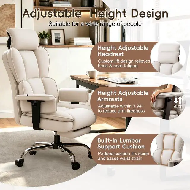 Alt view image 4 of 7 - Big and Tall Office Chair, Heavy Duty Executive Office Desk Chair with Adjustable Armrests and Foot Rest, Leather Computer Gaming Chair for Home Office