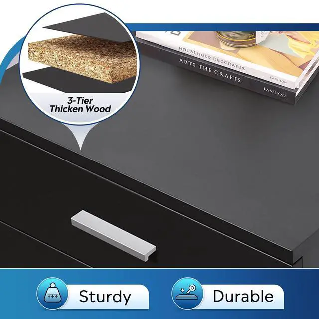 Alt view image 6 of 7 - 3 Drawer Wood File Cabinet, Under Desk Filing Cabinet, Black | Small Mobile Printer Stand, Fits Letter/A4 Size, Under Desk Storage Cabinet, Home Office