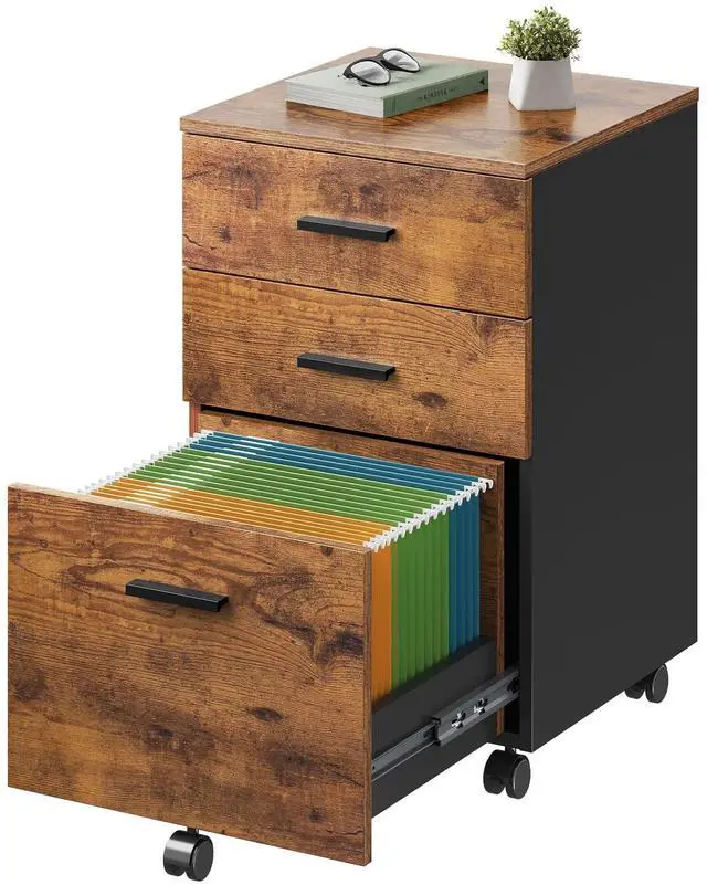 Main image of 3 Drawer Wood File Cabinet, Under Desk Filing Cabinet, Rustic Brown | Small Mobile Printer Stand, Fits Letter/A4 Size, Under Desk Storage Cabinet, Home Office