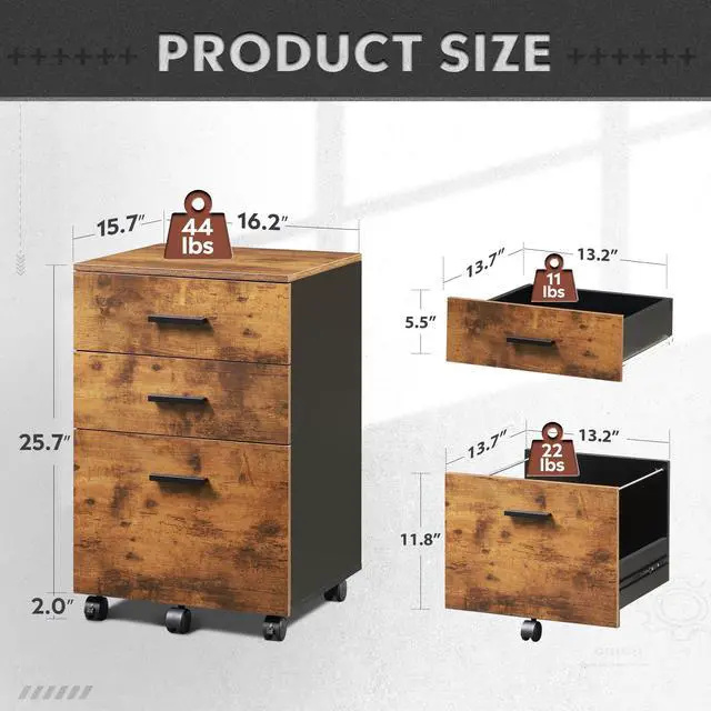 Alt view image 3 of 6 - 3 Drawer Wood File Cabinet, Under Desk Filing Cabinet, Rustic Brown | Small Mobile Printer Stand, Fits Letter/A4 Size, Under Desk Storage Cabinet, Home Office