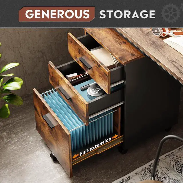 Alt view image 4 of 6 - 3 Drawer Wood File Cabinet, Under Desk Filing Cabinet, Rustic Brown | Small Mobile Printer Stand, Fits Letter/A4 Size, Under Desk Storage Cabinet, Home Office