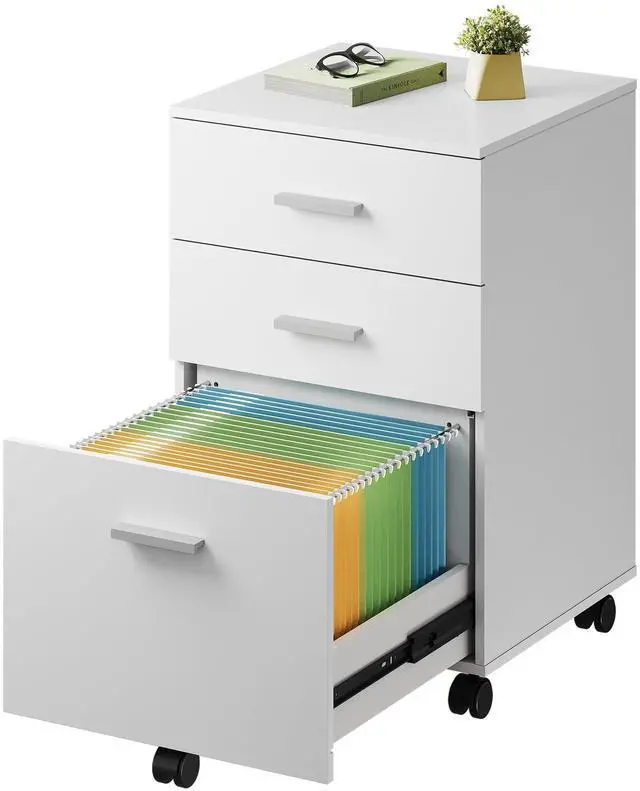 Main image of 3 Drawer Wood File Cabinet, Under Desk Filing Cabinet, White | Small Mobile Printer Stand, Fits Letter/A4 Size, Under Desk Storage Cabinet, Home Office