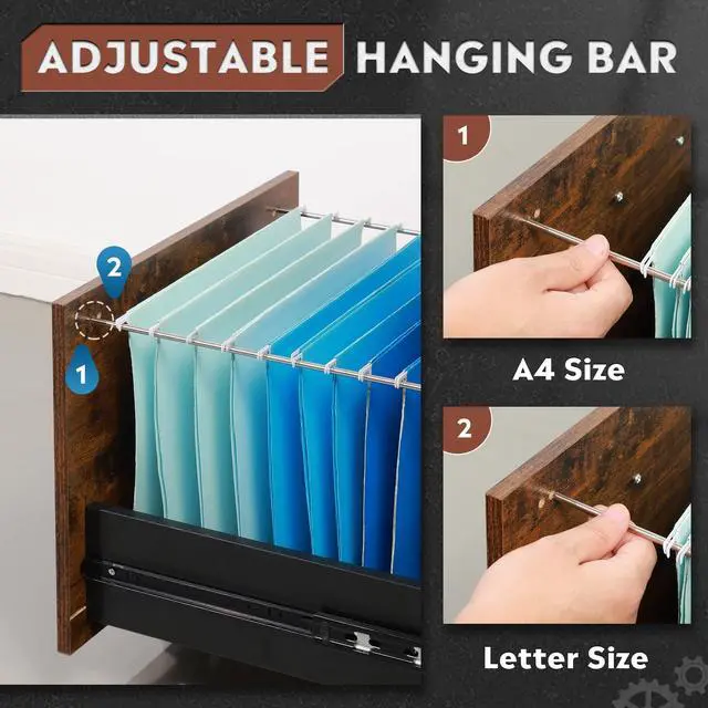 Alt view image 5 of 6 - 3 Drawer Wood File Cabinet, Under Desk Filing Cabinet, Rustic Brown | Small Mobile Printer Stand, Fits Letter/A4 Size, Under Desk Storage Cabinet, Home Office