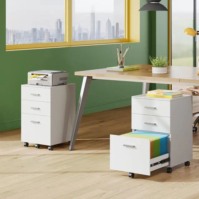 Alt view image 2 of 7 - 3 Drawer Wood File Cabinet, Under Desk Filing Cabinet, White | Small Mobile Printer Stand, Fits Letter/A4 Size, Under Desk Storage Cabinet, Home Office