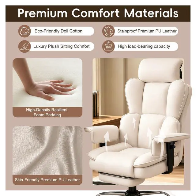Alt view image 5 of 7 - Big and Tall Office Chair, Heavy Duty Executive Office Desk Chair with Adjustable Armrests and Foot Rest, Leather Computer Gaming Chair for Home Office