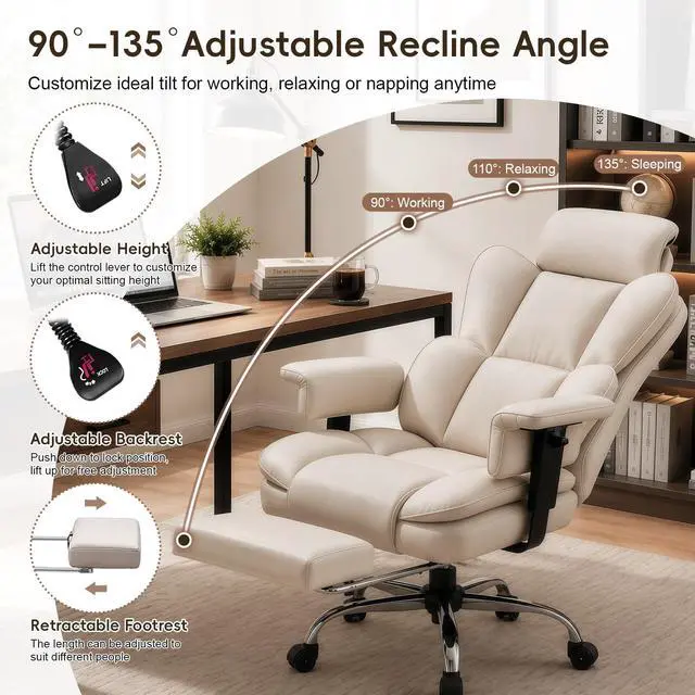 Alt view image 6 of 7 - Big and Tall Office Chair, Heavy Duty Executive Office Desk Chair with Adjustable Armrests and Foot Rest, Leather Computer Gaming Chair for Home Office