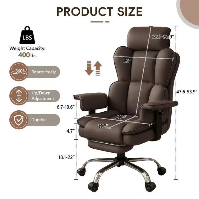 Alt view image 2 of 7 - Big and Tall Office Chair, Heavy Duty Executive Office Desk Chair with Adjustable Armrests and Foot Rest, Leather Computer Gaming Chair for Home Office