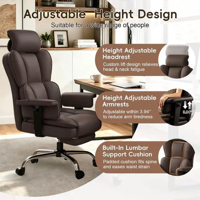 Alt view image 4 of 7 - Big and Tall Office Chair, Heavy Duty Executive Office Desk Chair with Adjustable Armrests and Foot Rest, Leather Computer Gaming Chair for Home Office