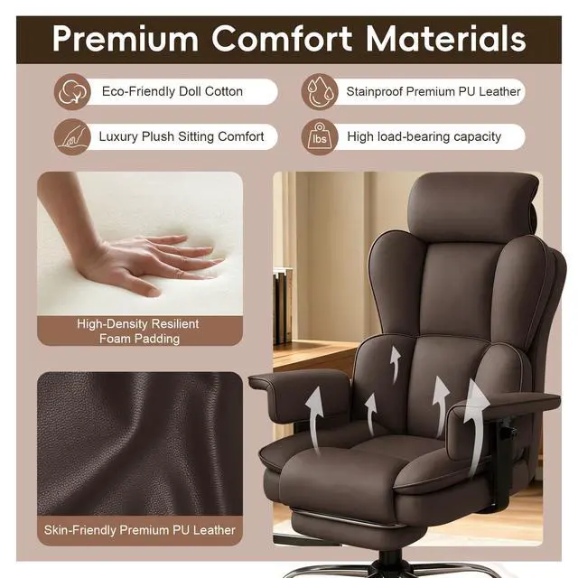 Alt view image 5 of 7 - Big and Tall Office Chair, Heavy Duty Executive Office Desk Chair with Adjustable Armrests and Foot Rest, Leather Computer Gaming Chair for Home Office