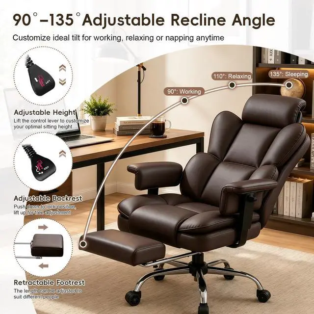 Alt view image 6 of 7 - Big and Tall Office Chair, Heavy Duty Executive Office Desk Chair with Adjustable Armrests and Foot Rest, Leather Computer Gaming Chair for Home Office
