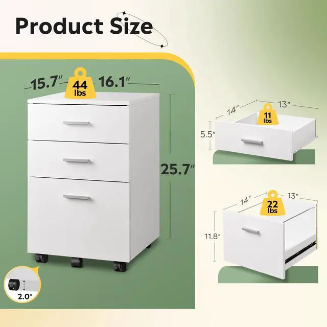 Alt view image 3 of 7 - 3 Drawer Wood File Cabinet, Under Desk Filing Cabinet, White | Small Mobile Printer Stand, Fits Letter/A4 Size, Under Desk Storage Cabinet, Home Office