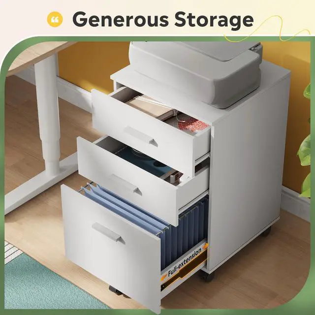 Alt view image 4 of 7 - 3 Drawer Wood File Cabinet, Under Desk Filing Cabinet, White | Small Mobile Printer Stand, Fits Letter/A4 Size, Under Desk Storage Cabinet, Home Office