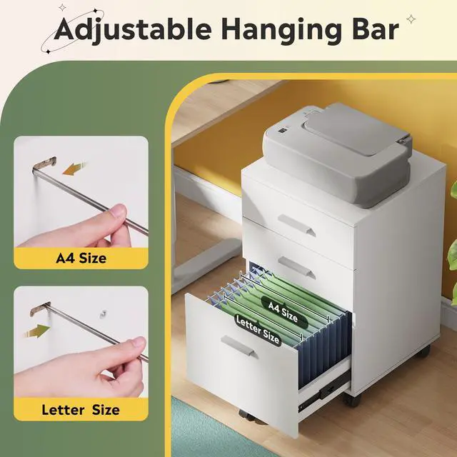 Alt view image 5 of 7 - 3 Drawer Wood File Cabinet, Under Desk Filing Cabinet, White | Small Mobile Printer Stand, Fits Letter/A4 Size, Under Desk Storage Cabinet, Home Office