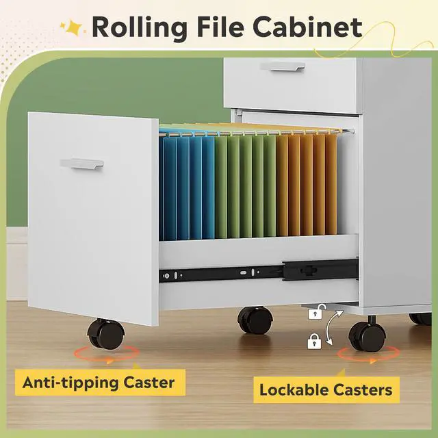 Alt view image 6 of 7 - 3 Drawer Wood File Cabinet, Under Desk Filing Cabinet, White | Small Mobile Printer Stand, Fits Letter/A4 Size, Under Desk Storage Cabinet, Home Office