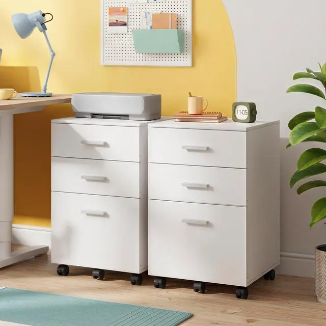 Alt view image 7 of 7 - 3 Drawer Wood File Cabinet, Under Desk Filing Cabinet, White | Small Mobile Printer Stand, Fits Letter/A4 Size, Under Desk Storage Cabinet, Home Office