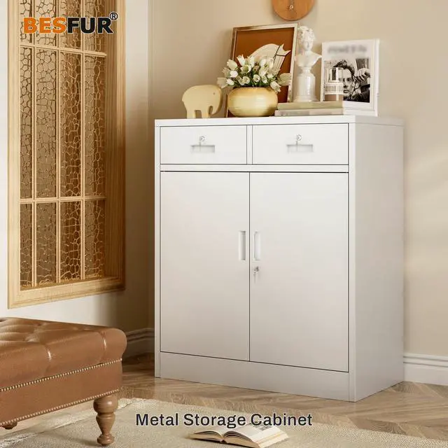 Alt view image 2 of 7 - Metal Storage Cabinet, Garage Storage Cabinet with 2 Drawers and Adjustable Shelf, Locking Short Storage Cabinet for Office Garage Home, White Metal Cabinets(36" H x 31.5" W x 16" D)