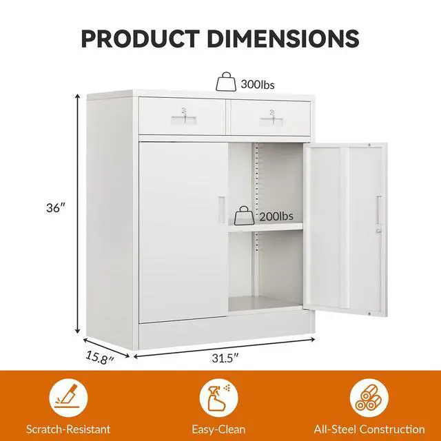 Alt view image 3 of 7 - Metal Storage Cabinet, Garage Storage Cabinet with 2 Drawers and Adjustable Shelf, Locking Short Storage Cabinet for Office Garage Home, White Metal Cabinets(36" H x 31.5" W x 16" D)