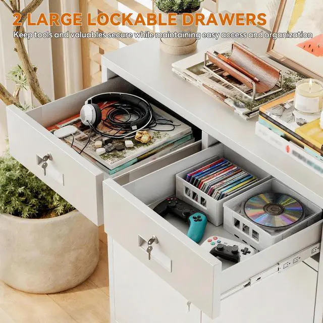 Alt view image 4 of 7 - Metal Storage Cabinet, Garage Storage Cabinet with 2 Drawers and Adjustable Shelf, Locking Short Storage Cabinet for Office Garage Home, White Metal Cabinets(36" H x 31.5" W x 16" D)